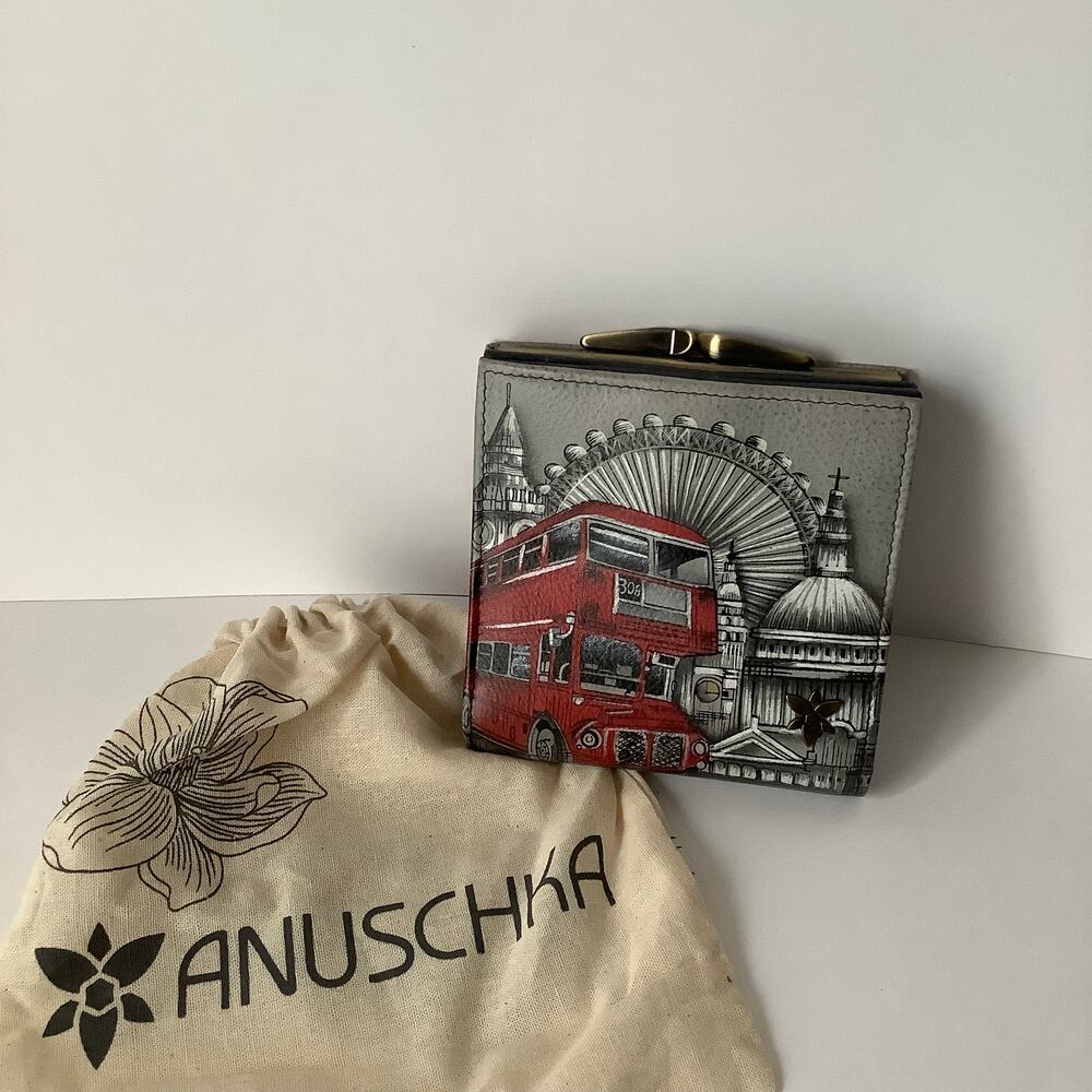 Anuschka Hand Painted Leather Trifold Wallet Iconic London Theme RFID